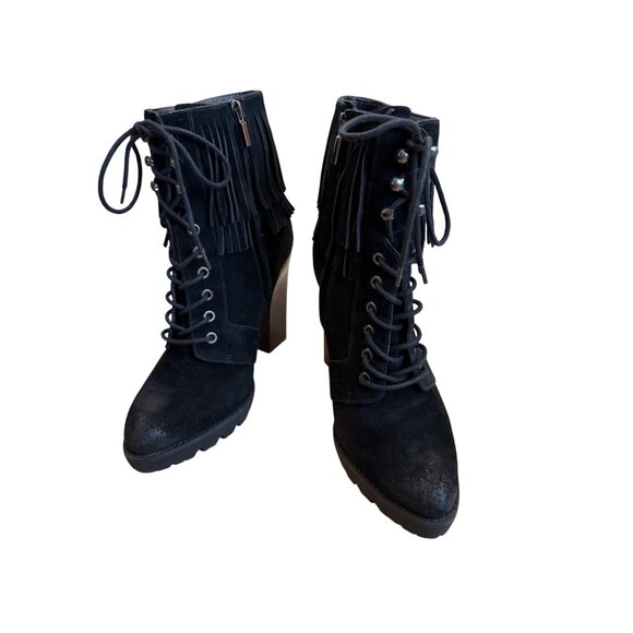 Kenneth Cole Black Fringe Lace-Up Heeled Boots Size 10 - Picture 9 of 11